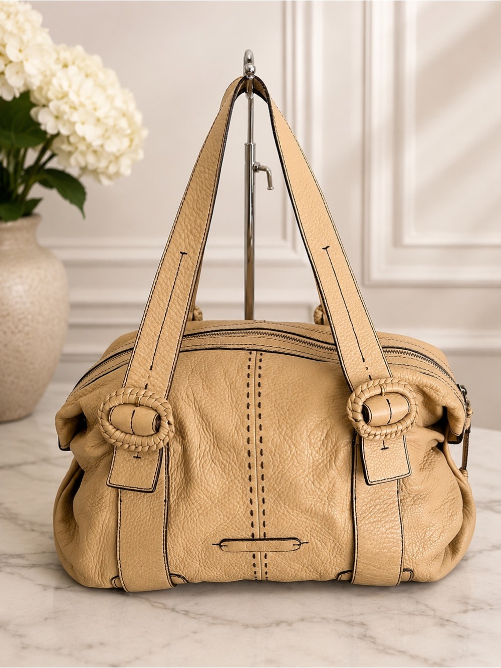 Cole Haan Beige Pebbled Leather Satchel Shoulder Bag Large Soft Slouchy Tote